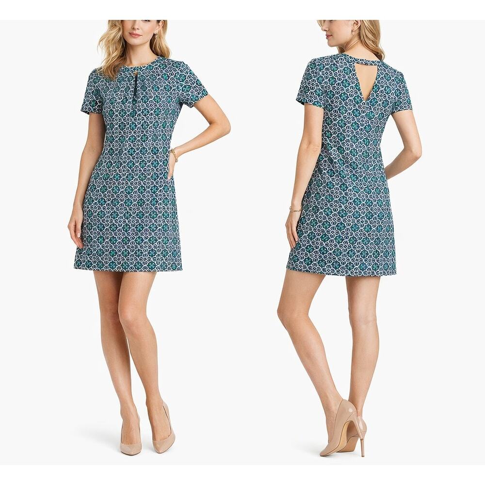 J Crew SIlk Dress Womens Size 4 Shift Green Navy Spring Summer Short Sleeve
